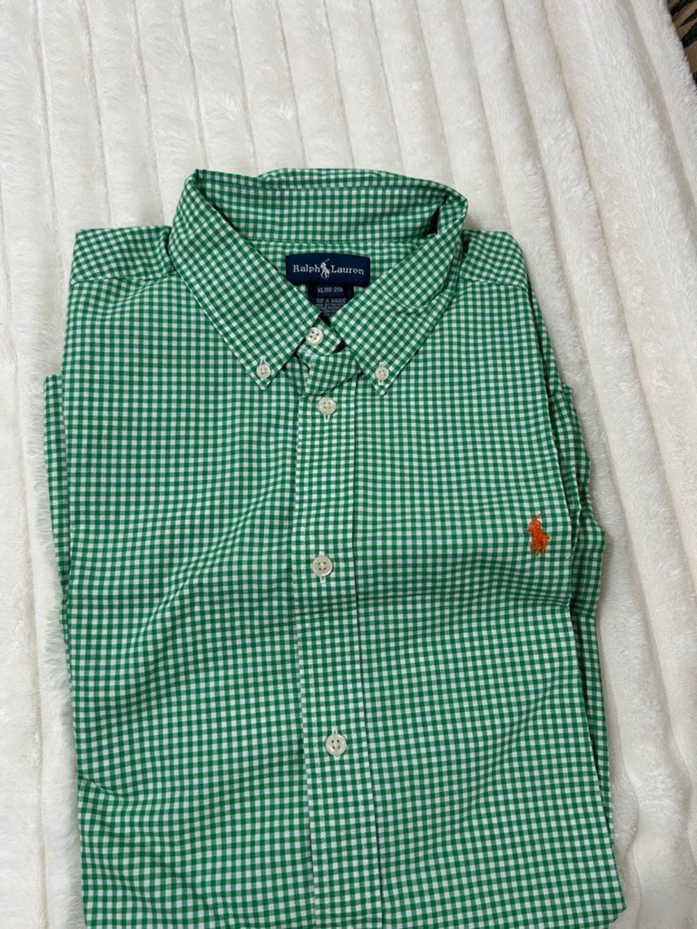 Ralph Lauren Green Gingham Button-Down Shirt with Orange Pony Logo